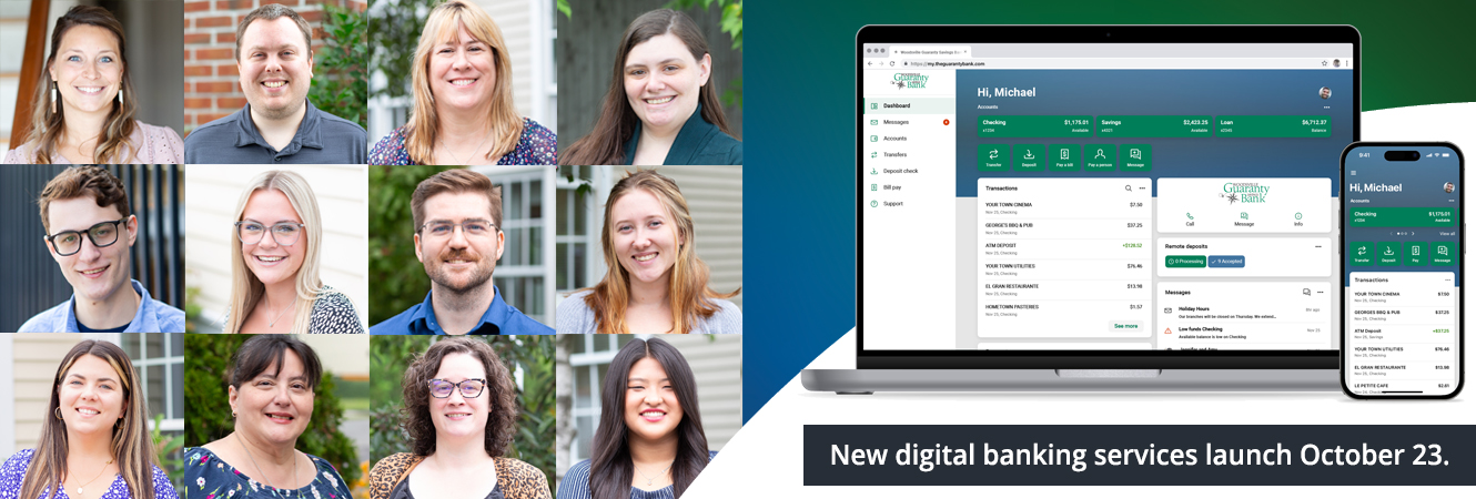 Smiling happy employees and an insert photo showing the bank's new digital banking platforms coming October 23rd