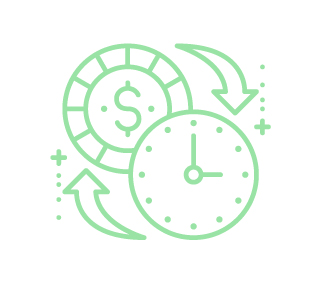 Graphic of a clock and money and arrows representing a business day