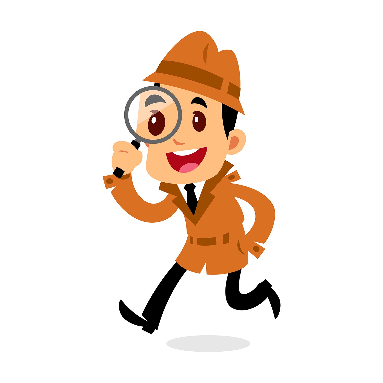 Cartoon image of a detective man wearing a white shirt, black tie, brown coat and hat, and black pants, walking forward while looking through a large magnifying glass. 